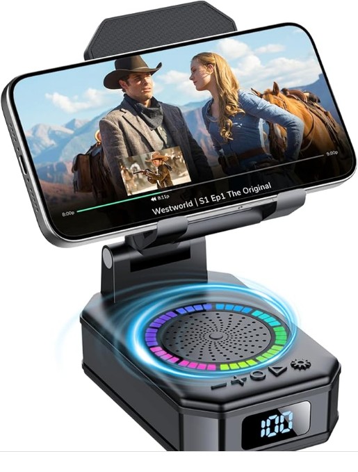 Gifts for Men Women, Phone Stand with Bluetooth Speaker, 4-in-1 Design with 7 RGB Lights, Anti-Slip Base, Foldable Phone Charger Stand with Wireless Speaker, Perfect Tech Gadgets Birthday Gift for Dad
