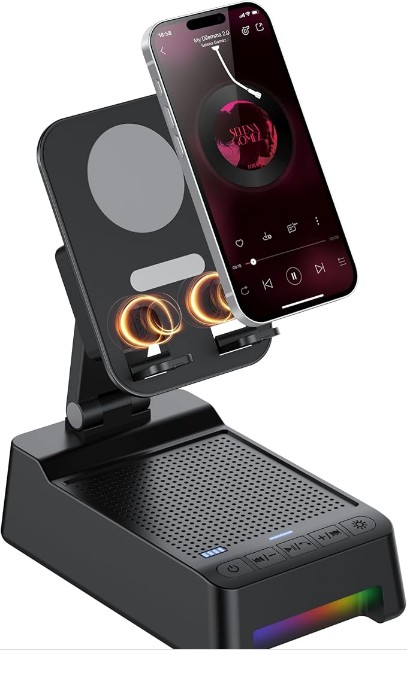 Gifts for Men Women, Phone Stand with Inductive Bluetooth Speaker, 5 in 1 Wireless Speaker with Charger Stand , Anti-Slip Base, Adjustable Foldable Holder with RGB, Ideal for Dad, Tech Gadgets Gift